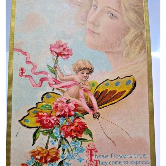 Fantasy Postcard Giant Blonde Goddess In Clouds Butterfly Cherub Angels CC No57 - Picture 1 of 3